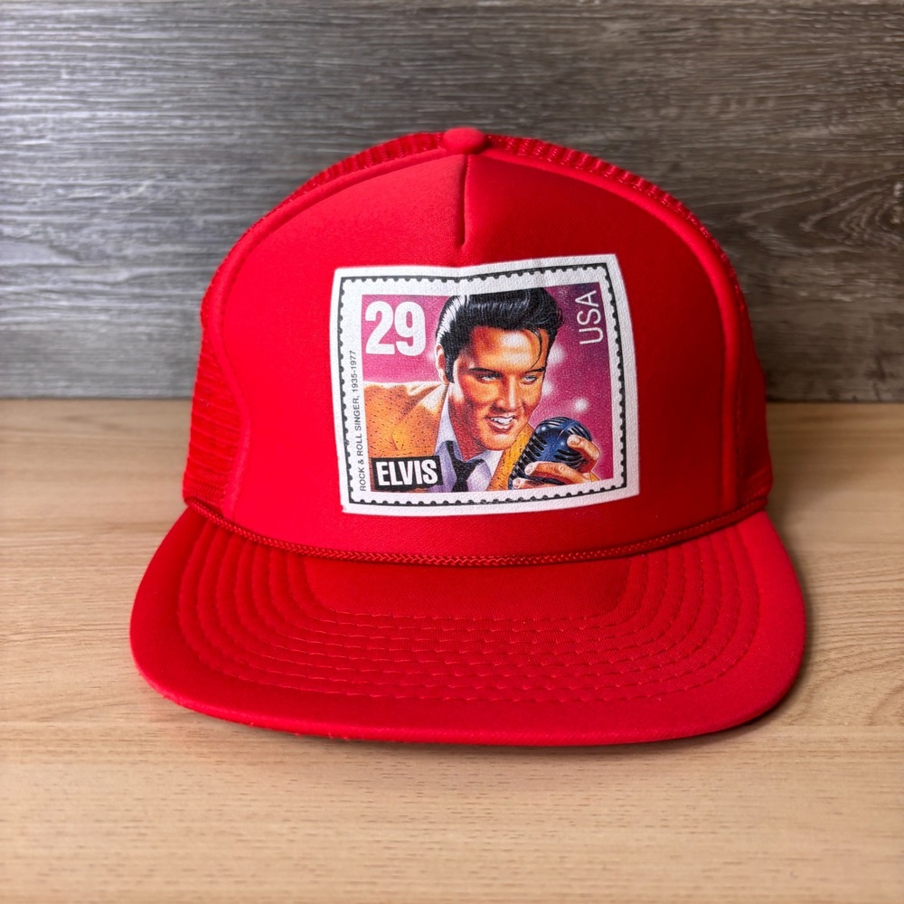 Vintage Elvis Hat Cap Snapback Red Trucker Stamp Music One Size Adjustable